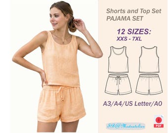 May include: A peach-colored pajama set consisting of a tank top and shorts. The shorts have a drawstring waist. The image also includes a diagram of the pajama set and text that reads "Shorts and Top Set PAJAMA SET" and "12 SIZES: XXS - 7XL".