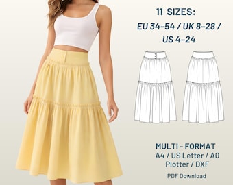Drop Waist Skirt Pattern/ Boho Tiered Skirt Sewing Pattern/ Maxi Skirt with Buttoned Yoke/Vintage Skirt Pattern/Plus Size Skirt/ Layered PDF