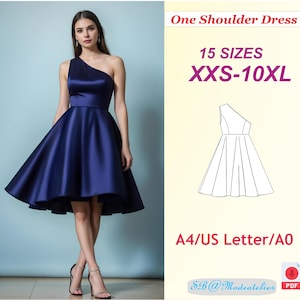 Puede incluir: Un patrón de costura digital para un vestido de un solo hombro en 15 tallas, desde la XXS hasta la 10XL. El patrón está disponible en tamaños A4, US Letter y A0. La imagen muestra a una mujer usando una versión azul del vestido.