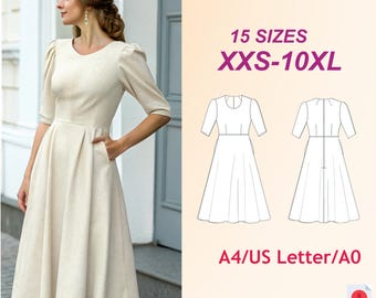 Cottagecore Puff Sleeve Dress Sewing Pattern, Vintage 1950s Style (PDF)