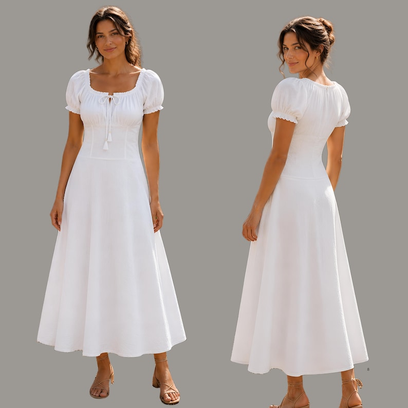 May include: A solid white midi dress featuring short puff sleeves with elasticated cuffs, a square neckline with a central drawstring tie, a fitted bodice, and a flared skirt that falls to the mid-calf. The design is shown from front and back.