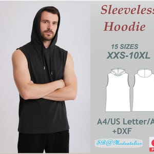 May include: Black sleeveless hoodie with a drawstring hood. The image includes the text "Sleeveless Hoodie" and "15 SIZES XXS-10XL". A diagram of the hoodie is also shown. The product is available in A4/US Letter/A0 +DXF.