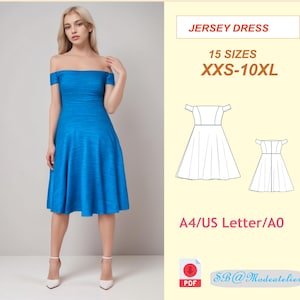 May include: A digital sewing pattern for a jersey dress with an off-the-shoulder neckline. The pattern includes 15 sizes, from XXS to 10XL, and is available in A4, US Letter, and A0 formats. The pattern is for download in PDF format. The text "SB@Modeatelier" is also included in the image.