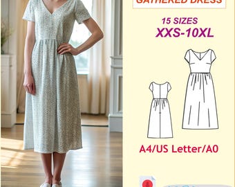 May include: A digital sewing pattern for a gathered dress in 15 sizes, from XXS to 10XL. The pattern is available in A4, US Letter, and A0 sizes. The image shows a line drawing of the dress and a woman wearing a similar dress.