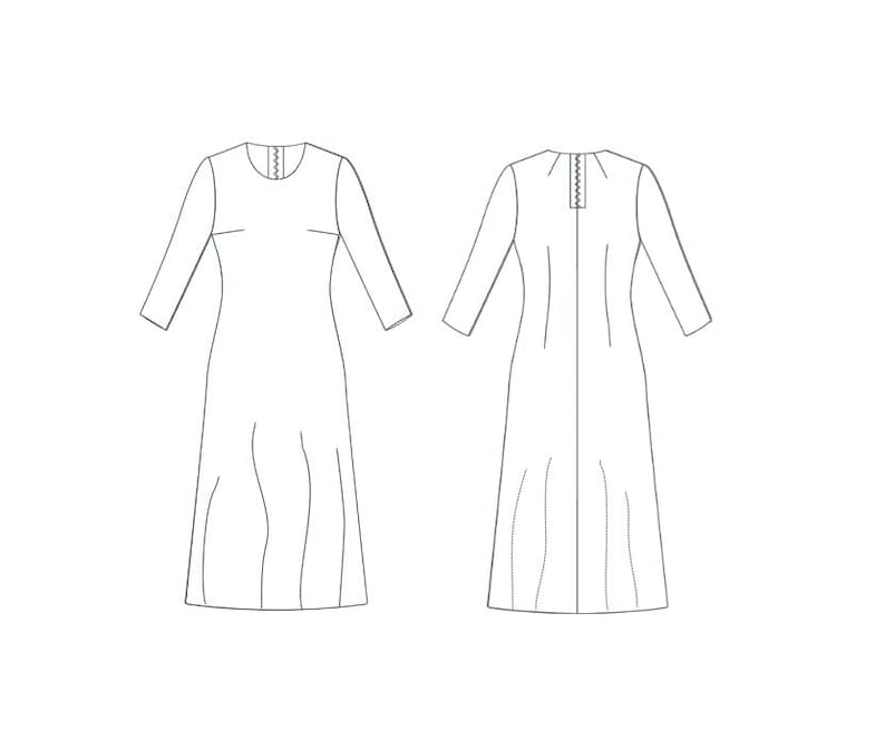 May include: Line drawing of a dress with long sleeves and a round neckline. The dress has a fitted bodice and a flowing skirt.