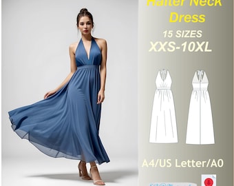 Patrón de costura para vestido largo con cuello halter: Vestido de noche sin espalda (XXS-10XL) (Patrón PDF)