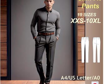 May include: A digital sewing pattern for slim fit pants. The pattern includes 15 sizes, ranging from XXS to 10XL. The pattern is available in A4, US Letter, and A0 sizes. The image shows a man wearing a gray shirt and the pants. The text "Slim Fit Pants" and "15 SIZES XXS-10XL" is displayed on the image.