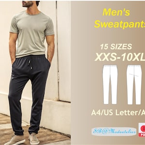 以下が含まれることがあります： XXSから10XLまでの15サイズ展開の、スウェットパンツのデジタル縫製パターンです。パターンはA4、USレター、A0サイズでご利用いただけます。パターンは、ドローストリングウエストバンドとゆったりとしたフィットの、スウェットパンツ1着分です。