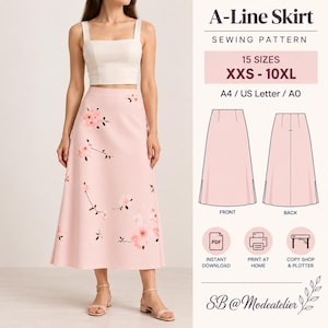 May include: A-Line Skirt sewing pattern featuring 15 sizes from XXS to 10XL for A4, US Letter, and A0 formats. The image displays a light pink skirt with a floral print, paired with a white crop top, alongside technical line drawings.