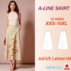 May include: An A-line skirt sewing pattern in 15 sizes, from XXS to 10XL. The pattern is available in A4, US Letter, and A0 sizes. The image shows a woman wearing a beige skirt with a floral print.