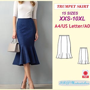 Puede incluir: Una falda trompeta azul marino con un patrón texturizado, combinada con una parte superior blanca. La imagen también incluye un diagrama de la falda y el texto "TRUMPET SKIRT", "15 TALLAS XXS-10XL" y "A4/US Letter/A0".
