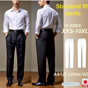 Könnte beinhalten: Ein digitales Schnittmuster für Hosen mit Standardpassform. Das Schnittmuster umfasst 15 Größen von XXS bis 10XL. Das Schnittmuster ist in den Formaten A4, US Letter und A0 erhältlich. Das Bild zeigt einen Mann, der ein weißes Hemd und eine schwarze Hose trägt.
