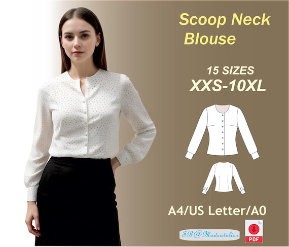 スクープネックブラウスの縫製パターン：レディースサイズXXS～10XL