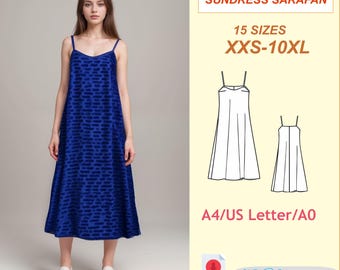 Midi Sundress Sewing Pattern: Oversized Dress with Straps (XXS-10XL) (PDF Pattern)