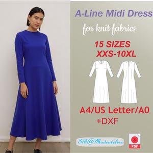 Puede incluir: Patrón de costura para vestido midi de línea A en tejido de punto, disponible en 15 tallas, desde la XXS hasta la 10XL. El patrón incluye los formatos A4/US Letter/A0 y DXF. La imagen muestra a una mujer con un vestido azul y un dibujo lineal del patrón del vestido.