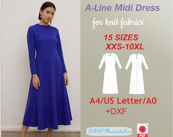 A-Line Midi Dress Pattern: Knit Fabrics, Plus Size XXS-10XL (PDF Pattern)