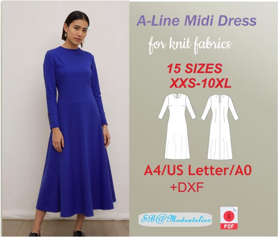 A-Line Midi Dress Pattern: Knit Fabrics, Plus Size XXS-10XL (PDF Pattern)