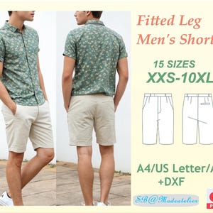 Op de afbeelding: Een digitaal downloadpatroon voor heren shorts met een aangesloten been. Het patroon omvat 15 maten van XXS tot 10XL en is beschikbaar in de formaten A4, US Letter, A0 en DXF. De afbeelding toont een model dat een beige short draagt.