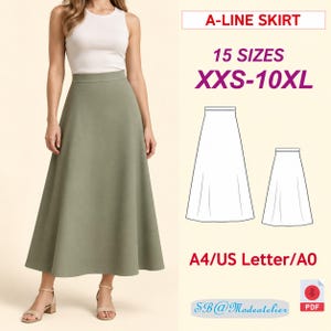Puede incluir: Un patrón de costura para una falda en línea A disponible en 15 tallas desde XXS hasta 10XL. El archivo digital incluye formatos para A4, US Letter y A0. La imagen muestra una falda verde salvia con un top blanco sin mangas y dibujos.