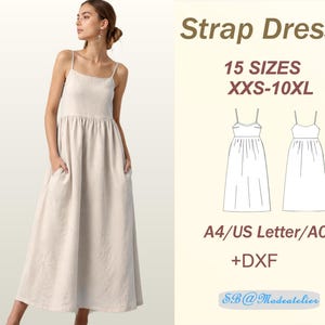 Peut inclure: Une robe à bretelles beige avec une encolure carrée et des poches latérales. Le texte indique Strap Dress, 15 SIZES XXS-10XL, A4/US Letter/A0 +DXF, SB@Modeatelier et PDF. Inclut deux dessins au trait noir et blanc du modèle de robe.