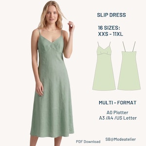 Puede incluir: Un vestido lencero color verde salvia con tirantes finos y escote en V. La imagen incluye un dibujo técnico del vestido, texto que dice SLIP DRESS, 16 SIZES: XXS - 11XL, MULTI - FORMAT, A0 Plotter, A3 /A4 /US Letter y SB@Modeatelier.