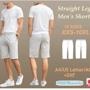 May include: A digital sewing pattern for straight leg men's shorts in 15 sizes, from XXS to 10XL. The pattern includes A4, US Letter, and A0 sizes, as well as a DXF file. The image shows a model wearing the shorts in a light gray color.