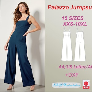 May include: A digital download pattern for a palazzo jumpsuit in 15 sizes, from XXS to 10XL. The pattern includes instructions for sewing the jumpsuit in A4, US Letter, and A0 sizes, as well as a DXF file.