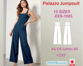 Palazzo Jumpsuit Sewing Pattern: Women's Dungaree Strap Jumpsuit (XXS-10XL) (PDF/DXF)