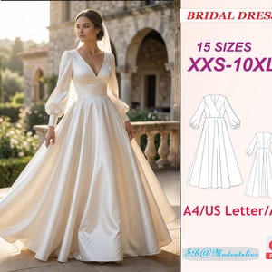Patron de couture de robe de mariée : avec surplis encolure, manches longues et patron de robe de soirée (XXS-10XL) (Patron PDF)