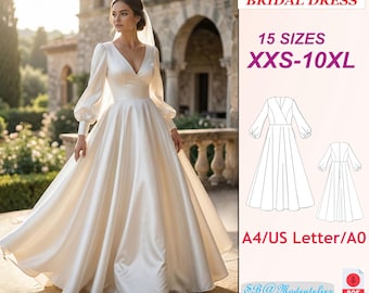 Bridal Gown Sewing Pattern: Surplice Neckline, Bishop Sleeves/Evening Dress Pattern (XXS-10XL)(PDF Pattern)
