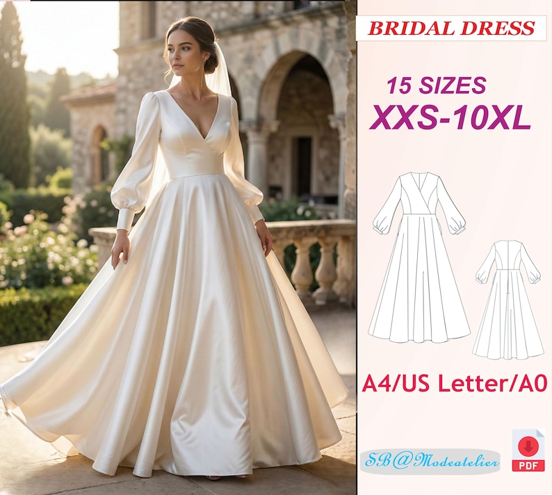 Bridal Gown Sewing Pattern: Surplice Neckline, Bishop Sleeves/Evening Dress Pattern (XXS-10XL)(PDF Pattern) image 1