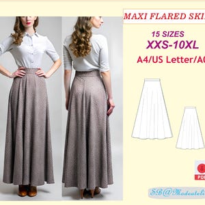 Puede incluir: Un patrón de costura digital para una falda maxi acampanada. El patrón incluye 15 tallas, desde la XXS hasta la 10XL, y está disponible en tamaños A4, US Letter y A0. El patrón es para una falda larga y fluida con un amplio dobladillo acampanado.