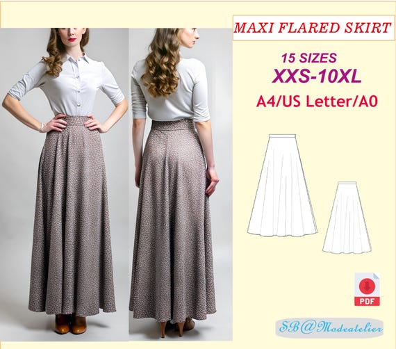 Easy Skirt Pattern/Maxi Skirt Pattern/Plus Size Skirt /Vintage Style Maxi Flared Skirt /Plus Size (XXS-10XL) (PDF Pattern)