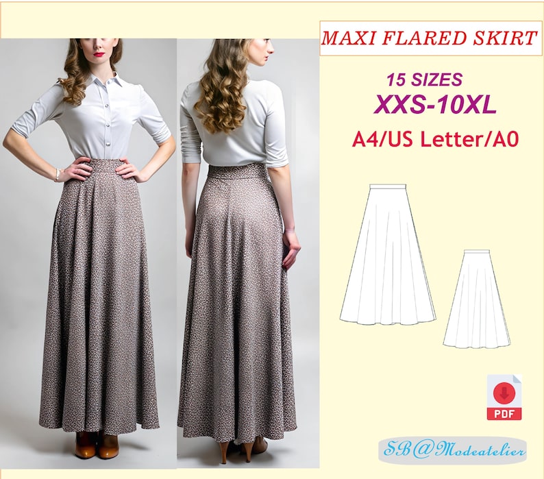 May include: A digital sewing pattern for a maxi flared skirt. The pattern includes 15 sizes, from XXS to 10XL, and is available in A4, US Letter, and A0 sizes. The pattern is for a long, flowing skirt with a wide, flared hem.