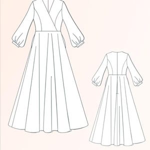 May include: A line drawing of a dress with a V-neck, long sleeves, and a flowing skirt. The dress has a wrap-style bodice and a back with a center seam.