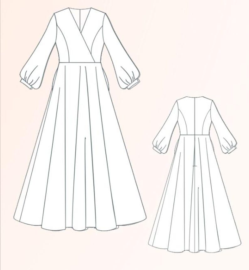 May include: A line drawing of a dress with a V-neck, long sleeves, and a flowing skirt. The dress has a wrap-style bodice and a back with a center seam.