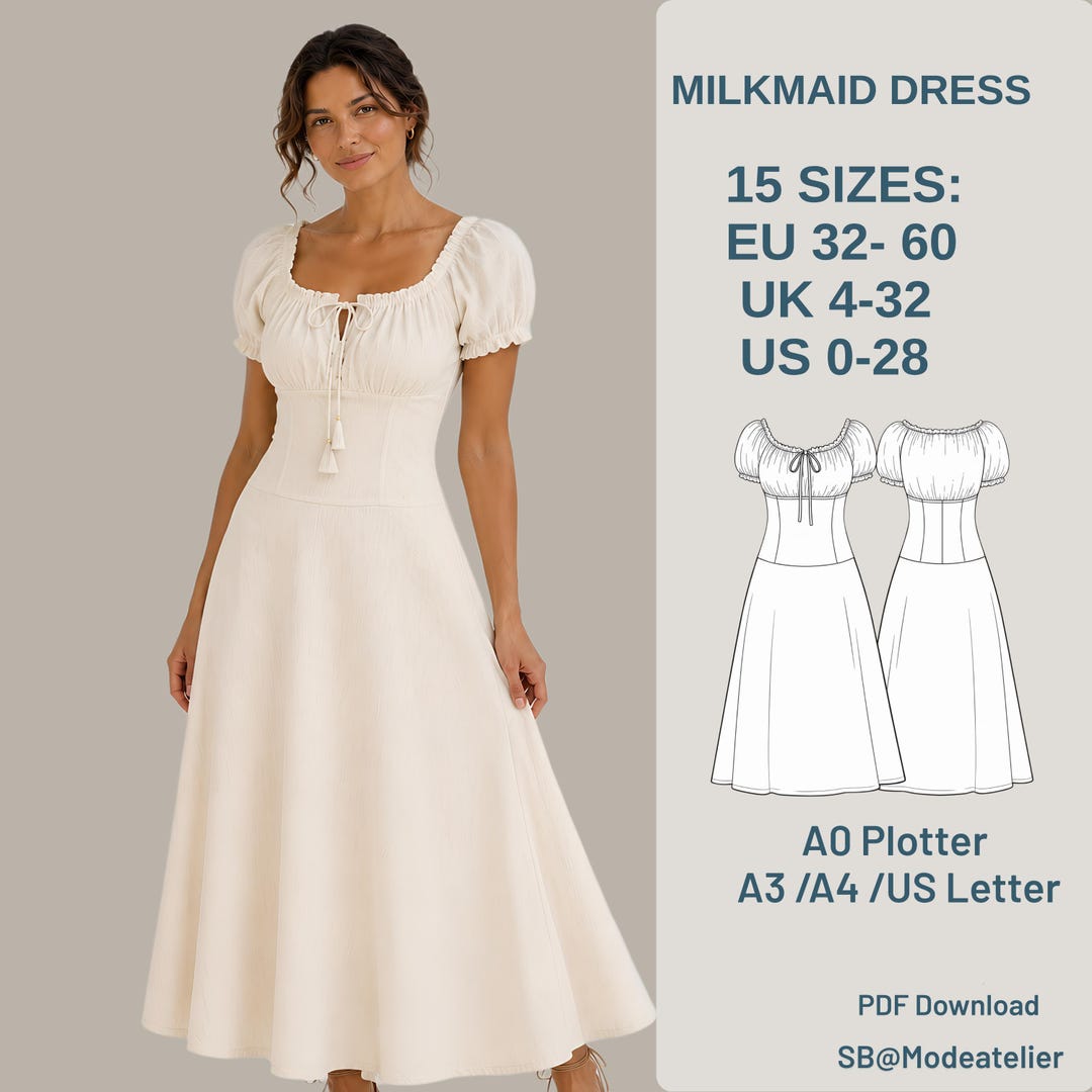 Milkmaid Dress Sewing Pattern, Boho Dress, Elastic Neckline, Sizes EU 32-60 (Digital Download)