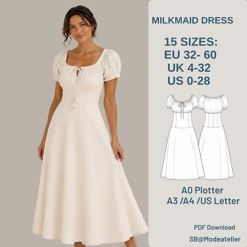 May include: A cream-colored milkmaid dress with short puff sleeves, a gathered neckline with a tie closure, and a fitted bodice. The image includes text: MILKMAID DRESS, 15 SIZES: EU 32-60, UK 4-32, US 0-28, A0 Plotter, A3/A4/US Letter, PDF Download.
