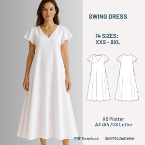 Puede incluir: Un vestido evasé blanco con cuello en V y mangas con vuelo. La imagen incluye el texto SWING DRESS, 14 SIZES: XXS - 9XL, A0 Plotter, A3 /A4 /US Letter, PDF Download, SB@Modeatelier y un dibujo técnico de líneas del vestido.