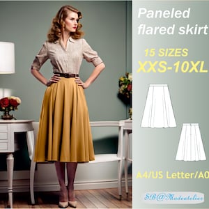 Vintage Flared Paneled Skirt Sewing Pattern/ Cottagecore Skirt Pattern/Easy Skirt Pattern/Plus size Skirt Pattern/Gored Skirt with Pockets