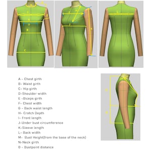 May include: Diagram showing measurements for a dress, including chest girth, waist girth, hip girth, shoulder width, biceps girth, chest width, back waist length, crotch depth, front length, under bust circumference, sleeve length, back width, bust height from the base of the neck, neck girth, and bust point distance.