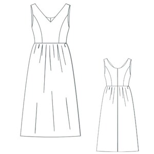 May include: Line drawing of a sleeveless dress with a V-neck and a gathered skirt. The dress is shown in two views, front and back.