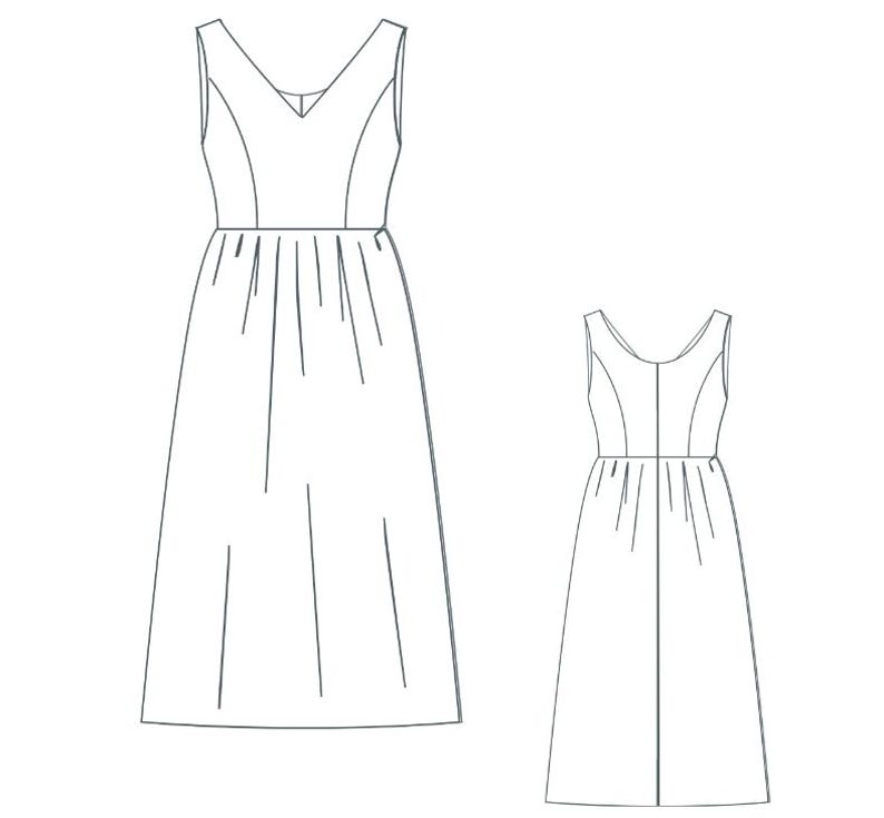 May include: Line drawing of a sleeveless dress with a V-neck and a gathered skirt. The dress is shown in two views, front and back.