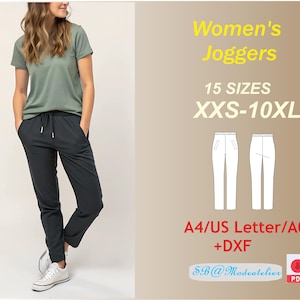 Puede incluir: Un patrón de costura digital para pantalones deportivos de mujer en 15 tallas, desde la XXS hasta la 10XL. El patrón incluye instrucciones para coser los pantalones deportivos en tallas A4, US Letter y A0, así como un archivo DXF. El patrón está disponible para descargar en PDF.