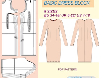 Patrón básico de vestido en bloques: Telas tejidas, tallas