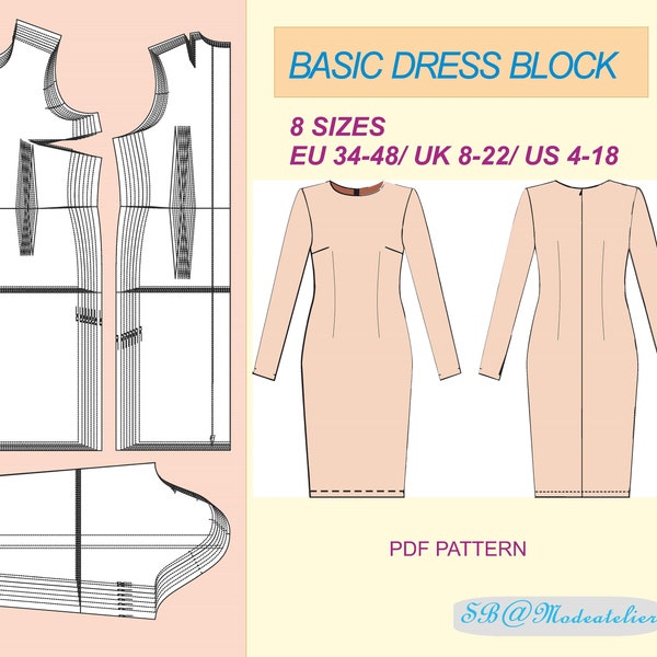 PDF Basic Dress Block Pattern | 8 Sizes |  PDF Sewing Pattern |Basic Bodice Block Pattern for Woven Fabrics | Basic Sloper Pattern