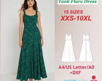 Tank Flare Dress Sewing Pattern: Sleeveless Midi, XXS-10XL (PDF Pattern)