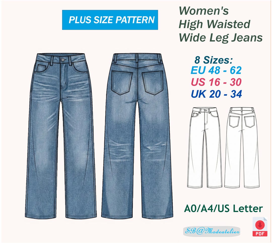 Plus Size Wide Leg Jeans Pattern | Women's Denim Pants Sewing Pattern ...