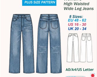 Patrón de jeans de pierna ancha para tallas grandes / Patrón de costura de pantalones vaqueros para mujer en PDF / Pantalones de pierna recta / Jeans de talla grande (8 tallas) (PDF en capas)