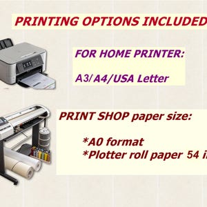 May include: A graphic displaying printing options with a home printer and a large format plotter. Text reads: PRINTING OPTIONS INCLUDED: FOR HOME PRINTER: A3/A4/USA Letter. PRINT SHOP paper size: *A0 format *Plotter roll paper 54 in.